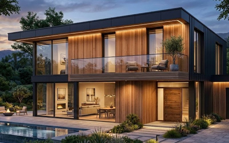 Modern Facade Design with Glass & Texture Finish